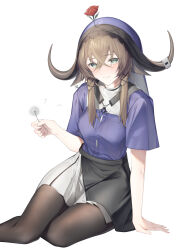 Rule 34 | 1girl, absurdres, apron, arknights, arm at side, black apron, black pantyhose, blue shirt, blue veil, blush, border, breast pocket, breasts, brown hair, closed mouth, commentary request, crossed bangs, dandelion, feet out of frame, flower, green eyes, hair between eyes, hat, hat flower, highres, holding, holding flower, horns, legs together, looking at viewer, medium breasts, nose blush, pallas (arknights), pantyhose, pleated skirt, pocket, r oot, red flower, red rose, rose, shirt, short sleeves, sidelocks, simple background, sitting, skirt, smile, solo, waist apron, white background, white skirt, yokozuwari