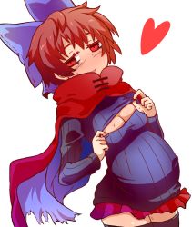 Rule 34 | 1girl, adapted costume, black thighhighs, bow, breasts, cape, cleavage, cleavage cutout, clothing cutout, hair bow, hato no suisou, large breasts, long sleeves, looking at viewer, meme attire, open-chest sweater, open mouth, pregnant, red eyes, red hair, ribbed sweater, sekibanki, skirt, smile, solo, sweater, thighhighs, touhou, zettai ryouiki