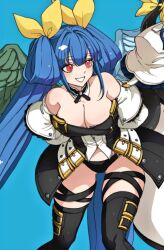 Rule 34 | 1girl, angel wings, arms behind back, asymmetrical wings, bare shoulders, black panties, black thighhighs, blue background, blue hair, blush, border, breasts, choker, cleavage, couple, cropped, detached collar, detached sleeves, dizzy (guilty gear), ebi pri shrimp, guilty gear, guilty gear xrd, hair between eyes, hair ribbon, hair rings, large breasts, long hair, mini wings, monster girl, panties, red eyes, ribbon, sidelocks, simple background, smile, solo, tail, hugging tail, tail ornament, tail ribbon, thick thighs, thigh gap, thigh strap, thighhighs, thighs, twintails, underwear, white border, wings, yellow ribbon