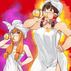Rule 34 | 2girls, after bathing, blush, breasts, brown eyes, brown hair, cleavage, commentary request, cookie (touhou), cowboy shot, drinking, frilled hair tubes, frills, hair tubes, hakurei reimu, hand on own hip, ibuki suika, kanna (cookie), large breasts, long hair, looking at another, mo-fu, multiple girls, naked towel, sidelocks, small breasts, touhou, towel, towel on head, v-shaped eyebrows, yamin (cookie)