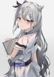 Rule 34 | 1girl, absurdres, belt, blue eyes, blush, braid, braided bangs, closed mouth, commentary, cone hair bun, cropped jacket, double bun, dress, english commentary, from behind, grey hair, hair behind ear, hair bun, hair ears, hair ribbon, highres, holding, holding tablet pc, hololive, hololive indonesia, long hair, looking at viewer, nimiru namire, pleated dress, ribbon, simple background, solo, solo focus, tablet pc, vestia zeta, virtual youtuber, white background, white dress