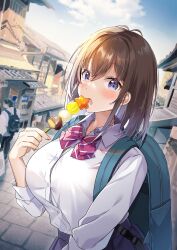 Rule 34 | 1girl, architecture, backpack, bag, blue skirt, blush, bra, bra peek, breasts, brown hair, button gap, buttons, cloud, collarbone, collared shirt, colored inner hair, commentary, dango, day, east asian architecture, eating, food, hawawa-chan (shiro kuma shake), highres, large breasts, long sleeves, looking at viewer, multicolored hair, open mouth, original, outdoors, purple eyes, purple hair, school uniform, shiro kuma shake, shirt, sidelocks, skirt, sky, solo, standing, tight clothes, town, two-tone hair, underwear, vanishing point, wagashi, white shirt