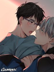 Rule 34 | 2boys, artist name, black hair, blue-framed eyewear, blue eyes, blush, brown eyes, close-up, crying, crying with eyes open, gearous, glasses, grey hair, half-closed eyes, highres, katsuki yuuri, looking at another, looking down, looking up, male focus, multiple boys, open mouth, profile, saliva, saliva trail, short hair, sweat, tears, teeth, tongue, tongue out, upper body, upper teeth only, viktor nikiforov, yaoi, yuri!!! on ice