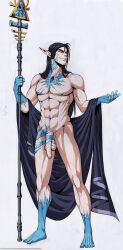 Rule 34 | 1boy, abs, black hair, cloak, commentary, completely nude, eldar, english commentary, flaccid, foreskin, full body, gem, highres, holding, holding staff, large penis, lewdanon, long hair, male focus, muscular, muscular male, naked cloak, nude, pectorals, penis, pointy ears, smile, solo, staff, staff of ulthamar, warhammer 40k