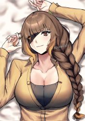 Rule 34 | 1girl, breasts, brown hair, closed mouth, eyepatch, girls&#039; frontline, highres, large breasts, looking at viewer, lying, m16a1 (boss) (girls&#039; frontline), m16a1 (girls&#039; frontline), mole, mole under eye, multicolored hair, necktie, scar, scar across eye, scar on face, simple background, smile, solo, xanax025