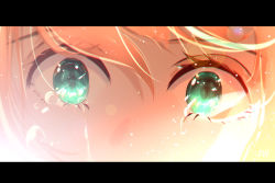 Rule 34 | 1girl, blonde hair, blurry, bokeh, crying, crying with eyes open, depth of field, eye focus, green eyes, highres, letterboxed, light particles, original, sad, skyrick9413, tears