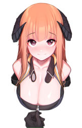 Rule 34 | 1girl, absurdres, arknights, bagpipe (arknights), bagpipe (queen no. 1) (arknights), bare shoulders, beudelb, black gloves, blush, breasts, cleavage, collarbone, dragon girl, dragon horns, gloves, highres, horns, large breasts, long hair, official alternate costume, orange hair, purple eyes, race queen, simple background, smile, solo focus, white background, zipper pull tab
