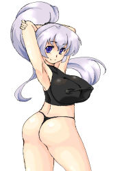 Rule 34 | 1girl, armpits, arms up, ass, black panties, blue eyes, breasts, covered erect nipples, female focus, from behind, huge breasts, long hair, looking back, lute (apocalypselibrary), no bra, no pants, original, panties, ponytail, purple hair, shirt, simple background, solo, standing, thong, underwear