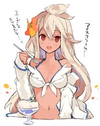 Rule 34 | 10s, 1girl, :d, ahoge, bare shoulders, bikini, blonde hair, blush, breasts, cleavage, dark-skinned female, dark skin, flower, food, front-tie bikini top, front-tie top, granblue fantasy, hair between eyes, hair flower, hair ornament, hibiscus, holding, ice cream, long hair, long sleeves, looking at viewer, medium breasts, navel, open clothes, open mouth, open shirt, red eyes, shirt, simple background, smile, solo, spoon, swimsuit, text focus, tori (yestorius), translation request, upper body, white background, white bikini, white shirt, zooey (granblue fantasy), zooey (summer) (granblue fantasy)