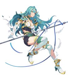 Rule 34 | 1girl, ankle boots, aqua hair, armor, belt, boots, breasts, chloe (fire emblem), cleavage, clenched teeth, dress, earrings, elbow gloves, fire emblem, fire emblem engage, fire emblem heroes, full body, garter straps, gloves, green eyes, hair ornament, high heels, highres, holding, holding weapon, jewelry, kainown, long hair, looking away, medium breasts, nintendo, non-web source, official art, one eye closed, parted lips, pelvic curtain, polearm, short dress, shoulder armor, solo, teeth, thighhighs, torn clothes, transparent background, weapon, zettai ryouiki