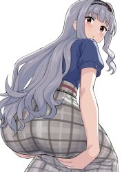 Rule 34 | 1girl, ass, blue shirt, blush, from behind, grey hair, grey skirt, hairband, hands on own hips, highres, idolmaster, idolmaster (classic), idolmaster million live!, idolmaster million live! theater days, long hair, looking at viewer, looking back, open mouth, parted lips, perapera, plaid, plaid skirt, red eyes, shijou takane, shirt, short sleeves, simple background, skirt, solo, squatting, white background
