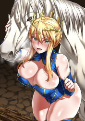 Rule 34 | 1girl, ahoge, animal, artoria pendragon (fate), artoria pendragon (lancer) (fate), bare shoulders, bestiality, blonde hair, blush, braid, breasts, cleavage, cleavage cutout, clothing cutout, colored eyelashes, crown braid, curvy, f.w.zholic, fate/grand order, fate (series), female focus, french braid, gold trim, green eyes, hair between eyes, hair bun, half-closed eyes, headpat, heattech leotard, highres, horse, large breasts, leotard, looking at viewer, mature female, open mouth, shiny skin, short hair with long locks, sidelocks, single hair bun, smile, solo, thick thighs, thigh gap, thighhighs, thighs, turtleneck, wide hips