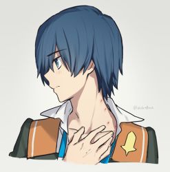 Rule 34 | 10s, 1boy, blue eyes, blue hair, blush, collared shirt, commentary request, darling in the franxx, hand on own chest, hiro (darling in the franxx), injury, male focus, military, military uniform, open clothes, open shirt, shirt, short hair, signature, solo, toma (norishio), uniform, wing collar