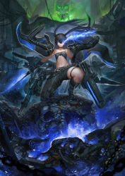 Rule 34 | 1girl, asymmetrical clothes, bare shoulders, black hair, black jacket, black rock shooter, black rock shooter (character), black shirt, blue eyes, boots, chain, choker, commentary, crop top, dead master, ex-trident, floating hair, gloves, glowing, glowing eye, gun, highres, holding, jacket, jacket on shoulders, long hair, looking at viewer, midriff, navel, on one knee, pants, shirt, single pantsleg, skull, sleeveless, sleeveless shirt, solo, spaghetti strap, sword, twintails, weapon