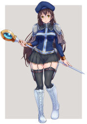 Rule 34 | 1girl, armor, boots, brown eyes, brown hair, covered navel, cross-laced footwear, garter straps, glasses, hat, highres, knee boots, knife, lace-up boots, long hair, original, pauldrons, pleated skirt, shoulder armor, skirt, smile, solo, staff, thigh strap, thighhighs, toriatto gununu, very long hair, white footwear, zettai ryouiki