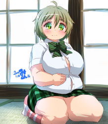 Rule 34 | 10s, 1girl, belly, bow, bowtie, breasts, bursting belly, bursting breasts, collared shirt, eyebrows, fat, green eyes, green hair, hand on own stomach, huge breasts, matching hair/eyes, mikomu, miniskirt, nakazawa minori, no-rin, seiza, shirt, sitting, skirt, smile, solo, thick eyebrows, thick thighs, thighs, undersized clothes