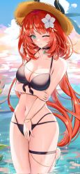 Rule 34 | 1girl, bare shoulders, beach, bikini, blue sky, blush, breasts, choker, cleavage, cloud, collarbone, commentary request, dokimaru, fake horns, flower, genshin impact, hair flower, hair ornament, hat, highres, horns, kneeling, large breasts, long hair, looking at viewer, navel, nilou (genshin impact), one eye closed, red hair, sky, smile, solo, straw hat, swimsuit, thigh strap, thighs, wading, water