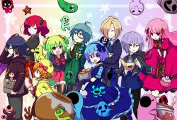 Rule 34 | 4boys, 5girls, :3, :o, animal, animal ear hood, animal ears, animal on shoulder, aqua hair, arm belt, ashe bradley, bag, belt, black bow, black capelet, black shirt, black suit, black thighhighs, blazer, blonde hair, blue bow, blue dress, blue eyes, blue gloves, blue hair, blue hairband, blue jacket, blue ribbon, blunt bangs, book, bow, bowl, braid, brown bag, brown belt, capelet, cat, cat on shoulder, charcoa1, charlotte (witch&#039;s heart), circle, claire elford, clenched hand, collared shirt, creature, crescent, cupcake, dark blue hair, dress, drill hair, elbow gloves, everyone, eyeball, fake animal ears, fang, food, formal, frilled dress, frills, gingerbread man, gloves, green bow, green hair, green jacket, grey pants, hair between eyes, hair bow, hair intakes, hair over one eye, hairband, heart, highres, holding, holding bag, holding book, holding bowl, holding knife, hood, jacket, knife, lime (witch&#039;s heart), long hair, looking at another, looking at object, looking up, multicolored hair, multiple boys, multiple girls, necktie, noel levine, open mouth, orange bow, orange hair, orange ribbon, pants, pink bow, pink dress, pink gloves, pink hair, pink nails, pink ribbon, plaid, plaid skirt, pleated skirt, profile, puffy short sleeves, puffy sleeves, purple hair, purple hood, rabbit ears, rainbow background, red bow, red eyes, red hair, red necktie, red skirt, ribbon, rouge (witch&#039;s heart), shirt, short hair, short sleeves, single braid, single hair tube, sirius gibson, skirt, smile, star (symbol), streaked hair, suit, thighhighs, triangle mouth, twin braids, twintails, white shirt, wilardo adler, witch&#039;s heart, yellow bow, yellow capelet, yellow eyes, yellow hood, yellow trim, zizel (witch&#039;s heart)