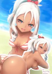 Rule 34 | 10s, 1girl, :d, alternate hair color, ass, beach, bikini, blurry, blush, bow, breasts, breasts apart, brown eyes, commentary request, depth of field, drill hair, eromanga sensei, front-tie bikini top, front-tie top, hair bow, highres, loussier666, lying, medium breasts, multiple views, on stomach, open mouth, outline, parted lips, pointy ears, red bow, sand, smile, striped bikini, striped clothes, swimsuit, tan, untied bikini, water, white hair, yamada elf
