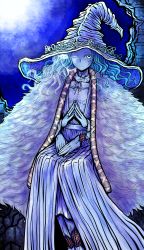 Rule 34 | 1girl, absurdres, blue eyes, blue hair, blue skin, cape, cloak, closed mouth, coat, colored skin, crack, cracked skin, dress, elden ring, extra arms, extra faces, fur cloak, fur coat, hat, highres, jewelry, long hair, looking at viewer, nazo no diaboro, one eye closed, own hands together, ranni the witch, ring, smile, solo, wavy hair, witch, witch hat