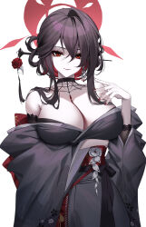 Rule 34 | 1girl, bare shoulders, black choker, black hair, black kimono, blue archive, breasts, choker, cleavage, closed mouth, commentary, eternity (shadeh), hair between eyes, halo, hand up, highres, japanese clothes, kimono, kokuriko (blue archive), large breasts, long hair, long sleeves, looking at viewer, nail polish, off shoulder, red eyes, red halo, red nails, sidelocks, simple background, solo, white background