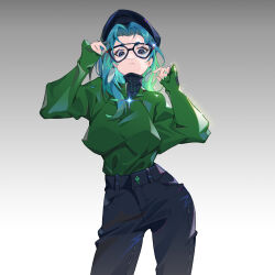Rule 34 | 1girl, absurdres, beret, black-framed eyewear, black pants, black shirt, blue eyes, blue hair, blue hat, closed mouth, cowboy shot, dangle earrings, earrings, fingernails, glasses, gradient background, green hair, green jacket, green nails, grey background, hands up, hat, highres, hikimayu, jacket, jewelry, long hair, looking at viewer, m c1025z, multicolored hair, original, pants, ring, shirt, sleeves past wrists, solo, striped clothes, striped shirt, turtleneck, vertical-striped clothes, vertical-striped shirt