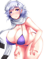 Rule 34 | 1girl, alternate costume, armpits, bare arms, bare legs, bare shoulders, bikini, blue bikini, blue eyes, blush, breasts, closed mouth, cowboy shot, covered erect nipples, hanging breasts, hat, highres, huge breasts, leaning forward, letty whiterock, looking at viewer, mob cap, scarf, silver hair, solo, swimsuit, touhou, wavy mouth, white scarf, zan (harukahime)