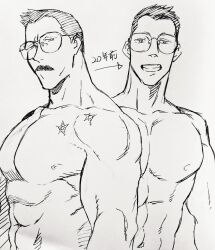 Rule 34 | 1boy, abs, age progression, aged down, bara, billy russell (dickfish), dickfish (fishismdick), facial hair, glasses, large pectorals, looking at viewer, male focus, mature male, muscular, muscular male, mustache, navel, nipples, nude, original, pectorals, scan, scar, short hair, sideburns, sketch, smile, stomach, traditional media, unamused, upper body