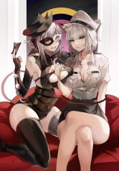 Rule 34 | 2girls, alternate costume, ambience synesthesia, arknights, arm between breasts, bare legs, bare shoulders, between breasts, black gloves, black leotard, black skirt, boots, breasts, cleavage, collared shirt, commentary request, covered navel, crossed legs, demon tail, elbow gloves, fingerless gloves, gloves, green eyes, green hair, grey shirt, grin, hand on another&#039;s head, hat, highres, kal&#039;tsit (arknights), kneeling, large breasts, leotard, long hair, looking at viewer, mask, medium breasts, medium hair, multicolored hair, multiple girls, orange eyes, parted lips, red hair, shirt, sitting, skin tight, skirt, smile, streaked hair, tabayashi, tail, teeth, thigh boots, thighs, two-tone hair, w (arknights), w (wanted) (arknights), white hair