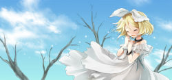 Rule 34 | 1girl, arms up, bad id, bad pixiv id, blonde hair, blue sky, cloud, collar, cuffs, day, dress, closed eyes, hair ribbon, kagamine rin, kona (canaria), off shoulder, open mouth, ribbon, shackles, short hair, sky, solo, tears, tree, vocaloid, white dress