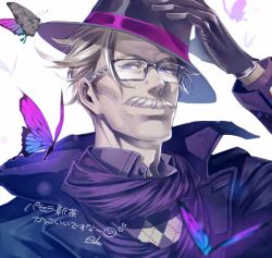 Rule 34 | 1boy, alternate costume, asukasuka, black scarf, blue butterfly, blue eyes, bug, butterfly, collar, cropped shoulders, facial hair, fate/grand order, fate (series), formal, glasses, gloves, grey hair, hat, insect, james moriarty (archer) (fate), long sleeves, looking at viewer, male focus, mustache, portrait, scarf, short hair, simple background, smile, solo, top hat