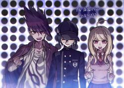 Rule 34 | 1girl, 2boys, ahoge, akamatsu kaede, aoki (fumomo), backpack, bag, baseball cap, black hair, black headwear, blonde hair, breasts, buttons, clenched hand, clenched hands, collarbone, collared shirt, danganronpa (series), danganronpa v3: killing harmony, double-breasted, eighth note, facial hair, fortissimo, gakuran, goatee, hair ornament, halftone, halftone background, hand up, hat, jacket, jacket on shoulders, large breasts, long hair, long sleeves, looking at viewer, momota kaito, multiple boys, musical note, musical note hair ornament, necktie, open clothes, open mouth, open shirt, pink eyes, pink jacket, pink vest, polka dot, polka dot background, print shirt, purple hair, purple skirt, saihara shuichi, school uniform, shirt, short hair, sixteenth note, skirt, spiked hair, striped clothes, striped jacket, sweat, teeth, translation request, upper teeth only, vest, white shirt