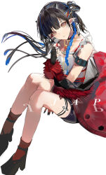 Rule 34 | 1girl, absurdres, alternate costume, arknights, armlet, black choker, black footwear, black gloves, black hair, black nails, black shorts, blacknight (arknights), blacknight (fragrance from the branches) (arknights), blue hair, braid, breasts, choker, chouchouhei, commentary, ear piercing, earclip, expressionless, fingerless gloves, floating hair, full body, fur-trimmed jacket, fur trim, gloves, hair rings, high heels, highres, horns, invisible chair, jacket, long hair, looking at viewer, medium breasts, multicolored hair, nail polish, off shoulder, orange eyes, parted lips, piercing, pointy ears, red jacket, red socks, shirt, short shorts, shorts, side braid, simple background, single braid, sitting, sleeveless, sleeveless shirt, socks, solo, streaked hair, two-tone hair, white background, white shirt
