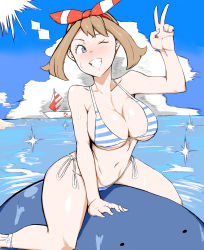 Rule 34 | 1girl, absurdres, arm support, bikini, blue eyes, blush, boat, breasts, brown hair, cleavage, creatures (company), game freak, gen 3 pokemon, grin, highres, large breasts, legs, may (pokemon), navel, nintendo, ocean, one eye closed, pixiv id 73882785, pokemon, pokemon (creature), pokemon oras, short hair, sitting, smile, sparkle, striped bikini, striped clothes, swimsuit, thick thighs, thighs, v, wailmer, water, watercraft, wet, wink