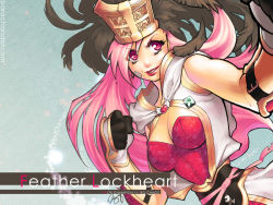 Rule 34 | 1girl, barachan, breasts, champion (ragnarok online), clenched hand, feathers, female focus, gloves, hat, lipstick, long hair, makeup, orc hero, pink eyes, pink hair, ragnarok online, solo