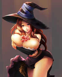 Rule 34 | 1girl, bare shoulders, breast hold, breasts, cleavage, cream, crossed arms, dragon&#039;s crown, food, fruit, hat, huge breasts, legs, long hair, miraki1016, red eyes, red hair, side slit, smile, solo, sorceress (dragon&#039;s crown), staff, strawberry, thighs, witch hat