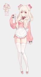 Rule 34 | 1girl, alcremie, alcremie (strawberry sweet), apron, breasts, cleavage cutout, closed mouth, clothing cutout, creatures (company), dress, frilled apron, frills, full body, fymrie, game freak, gen 8 pokemon, hair over shoulder, hand up, heart, highres, humanization, long hair, long sleeves, looking at viewer, medium breasts, nintendo, pink dress, pink eyes, pokemon, short dress, side slit, solo, sweatdrop, thighhighs, thighs, white apron, white hair, white thighhighs, wide sleeves, zettai ryouiki