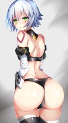 Rule 34 | 1girl, :o, ass, bandaged arm, bandages, bare back, belt, black panties, black thighhighs, blush, commentary request, facial scar, fate/apocrypha, fate (series), from behind, green eyes, highres, huge ass, jack the ripper (fate/apocrypha), looking at viewer, looking back, monotosu, panties, scar, scar across eye, scar on cheek, scar on face, shiny skin, short hair, solo, thighhighs, thong, underwear, white hair