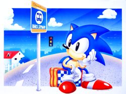Rule 34 | 1boy, black eyes, blue fur, blue sky, bmp-to-png conversion, cloud, english text, furry, furry male, gloves, hand on own face, hedgehog, hedgehog boy, house, male focus, non-web source, official art, red footwear, road, road sign, shoes, sign, sitting, sky, sneakers, sonic (series), sonic the hedgehog, street, traffic light, white gloves