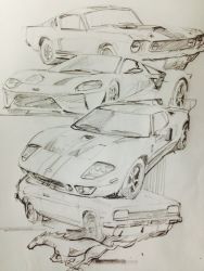 Rule 34 | car, ford, ford fiesta, ford gt, ford mustang, ford mustang (1st generation), greyscale, logo, monochrome, motor vehicle, sadamoto yoshiyuki, sketch, traditional media, vehicle, vehicle focus