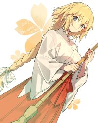 Rule 34 | !, 1girl, 2023, blonde hair, blue eyes, braid, breasts, broom, commentary request, dated, fate/apocrypha, fate (series), highres, japanese clothes, jeanne d&#039;arc (fate), jeanne d&#039;arc (ruler) (fate), kabutomushi s, long hair, looking at viewer, medium breasts, miko, smile, solo, translation request