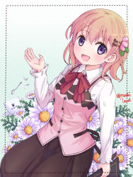 Rule 34 | 1girl, :d, black skirt, blush, bow, bowtie, breasts, buttons, collared shirt, commentary request, cup, flower, gochuumon wa usagi desu ka?, gradient background, hair ornament, hairclip, holding, holding menu, hoto cocoa, long sleeves, looking at viewer, medium breasts, menu, open mouth, orange hair, petals, pink vest, polka dot, polka dot background, rabbit house uniform, red bow, red bowtie, saucer, shirt, short hair, skirt, smile, solo, spoon, twitter username, vest, white shirt, wing collar, yusshii