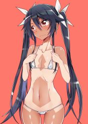 Rule 34 | 1girl, bare arms, bare shoulders, bikini, black hair, blush, closed mouth, collarbone, commentary request, cowboy shot, embarrassed, flat chest, gluteal fold, hair between eyes, hair ribbon, hands up, head tilt, long hair, looking away, looking to the side, micro bikini, navel, ore twintail ni narimasu, red background, red eyes, ribbon, shiny skin, sidelocks, simple background, solo, standing, stomach, sweatdrop, swimsuit, tan, tanline, tsube aika, twintails, very long hair, white bikini, white ribbon, yuto (dialique)