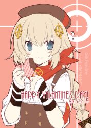 Rule 34 | 1girl, arm warmers, beret, blue eyes, braid, brown hat, candy, character name, chocolate, chocolate heart, commentary request, copyright name, dated, english text, fnc (girls&#039; frontline), food, food bite, girls&#039; frontline, hair ornament, happy valentine, hat, heart, light brown hair, long hair, looking at viewer, red scarf, scarf, shenbei xiaoqiu, smile, solo, upper body, valentine