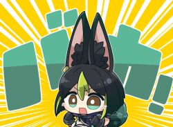 Rule 34 | 1boy, animal ear fluff, animal ears, arikuigames1105, artist name, black gloves, black hair, blunt ends, blush, bright pupils, brown eyes, chibi, commentary request, drawstring, earrings, emphasis lines, flower, fox boy, fox ears, fox tail, genshin impact, gloves, green eyes, green hair, hair between eyes, hands up, highres, hood, hood down, hoodie, jewelry, male focus, multicolored clothes, multicolored eyes, multicolored hair, open mouth, outline, short hair, short sleeves, simple background, single earring, solo, streaked hair, tail, tighnari (genshin impact), translation request, twitter username, upper body, v-shaped eyebrows, white outline, white pupils, yellow background, yellow flower