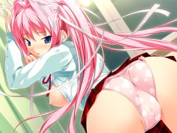 1girl ass blue_eyes blush breasts female_focus game_cg heart kodama_izayoi long_hair nipples panties pink_hair ribbon skirt solo stellula_eques twintails underwear