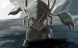 black_eyes bright_pupils claws creatures_(company) game_freak gen_7_pokemon golisopod grey_background looking_at_viewer nintendo no_humans outdoors pokemon pokemon_(creature) signature solo standing uninori white_pupils