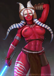Rule 34 | 1girl, abs, alien, alternate costume, arm behind head, armlet, bangle, blue lightsaber, bracelet, breasts, colored skin, cowboy shot, dark nipples, energy sword, facial tattoo, forehead jewel, hand on own head, holding lightsaber, jedi, jewelry, large breasts, leg tattoo, lightsaber, looking at viewer, nipples, paid reward available, pelvic curtain, red skin, shaak ti, simple background, solo, standing, star wars, sword, tattoo, tentacle hair, thick thighs, thighs, togruta, topless, tribal tattoo, weapon, ynorka chiu