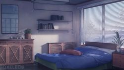 Rule 34 | artist name, bed, bedroom, blue theme, book, book shelf, cabinet, ceiling light, commentary, day, english commentary, foxeleos, highres, indoors, mirror, muted color, no humans, original, pillow, reflection, roomscape, scenery, watermark, window
