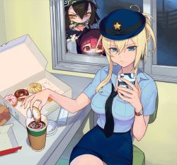 Rule 34 | 3girls, bad id, bad twitter id, bag, bandana, black hair, black necktie, blonde hair, blue eyes, blue shirt, blue skirt, blunt bangs, box, breasts, cellphone, chair, chocolate doughnut, coffee, coffee cup, collared shirt, cup, disposable cup, doughnut, eating, female service cap, food, food on face, hair between eyes, hat, holding, holding food, holding phone, hood, indoors, large breasts, long hair, looking outside, multiple girls, necktie, office chair, orange eyes, original, paper bag, pastry box, pencil skirt, phone, pink hair, police, police uniform, policewoman, red eyes, shirt, short sleeves, sitting, skirt, smartphone, star (symbol), swivel chair, table, tongue, tongue out, uniform, washi no tosaka, watch, window, wristwatch